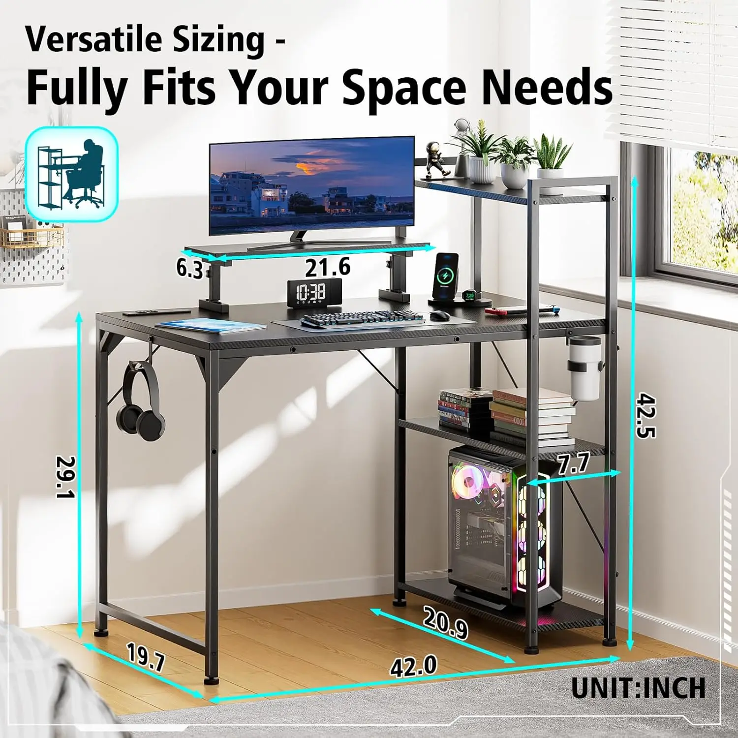 Computer Desk with LED Light, 42-55 Inch Gaming Desk with Reversible Storage Shelves