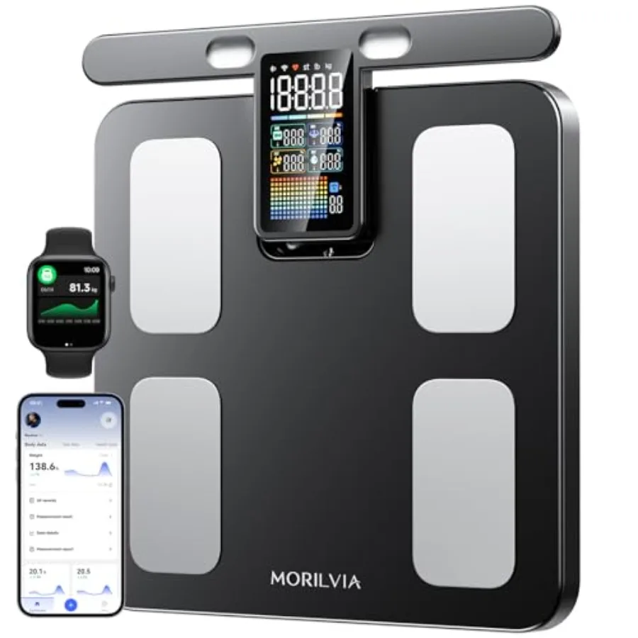 Bathroom scale for home use, tempered glass, black, 57-body-composition metrics with dual-frequency BIA and Bluetooth app sync