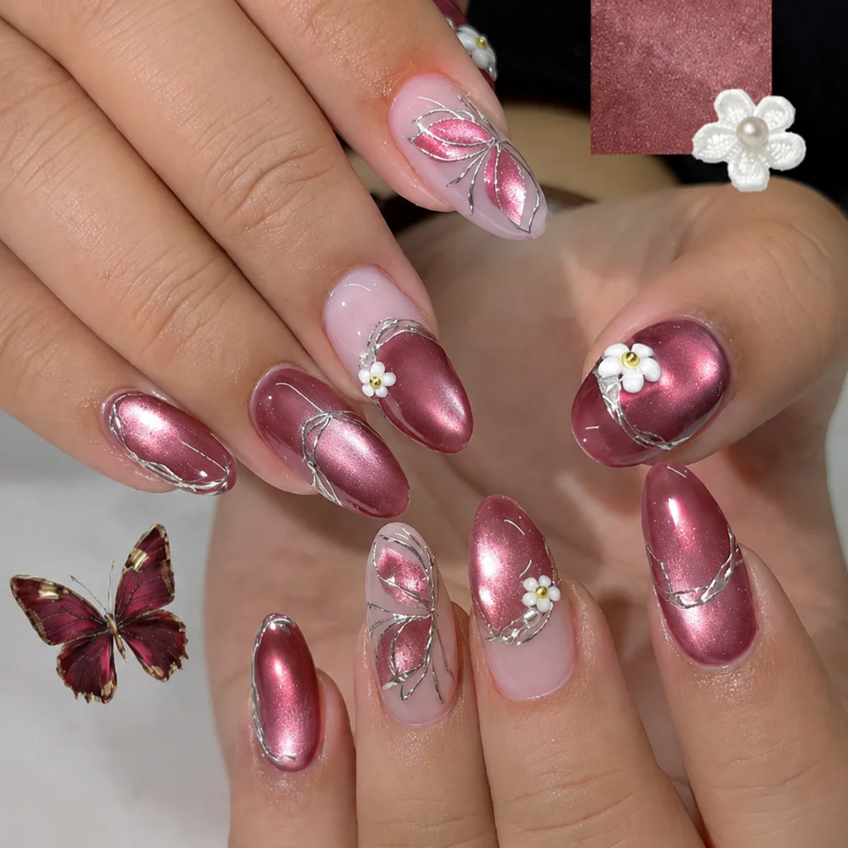 24Pcs Silver-gilded Cat's Eye False Nails Glitter Bow Diamond Tips Wearable Press on Nails Brilliant Pink Short Round Fake Nail