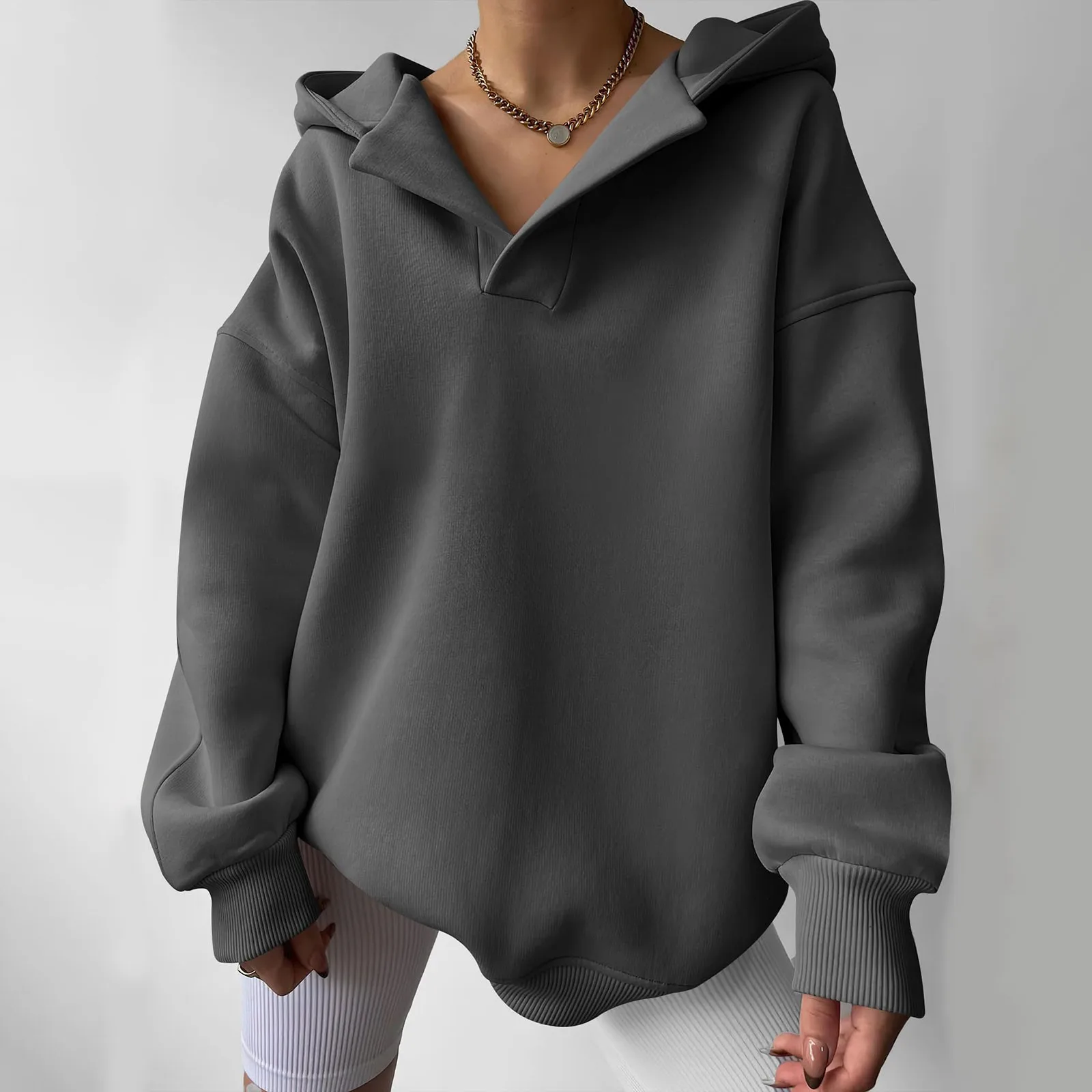 2024 New Long Sleeve Basic Oversized Hoodies V-neck Velvet Warm Sweatshirt Female Winter Clothes Women Pop Streetwear