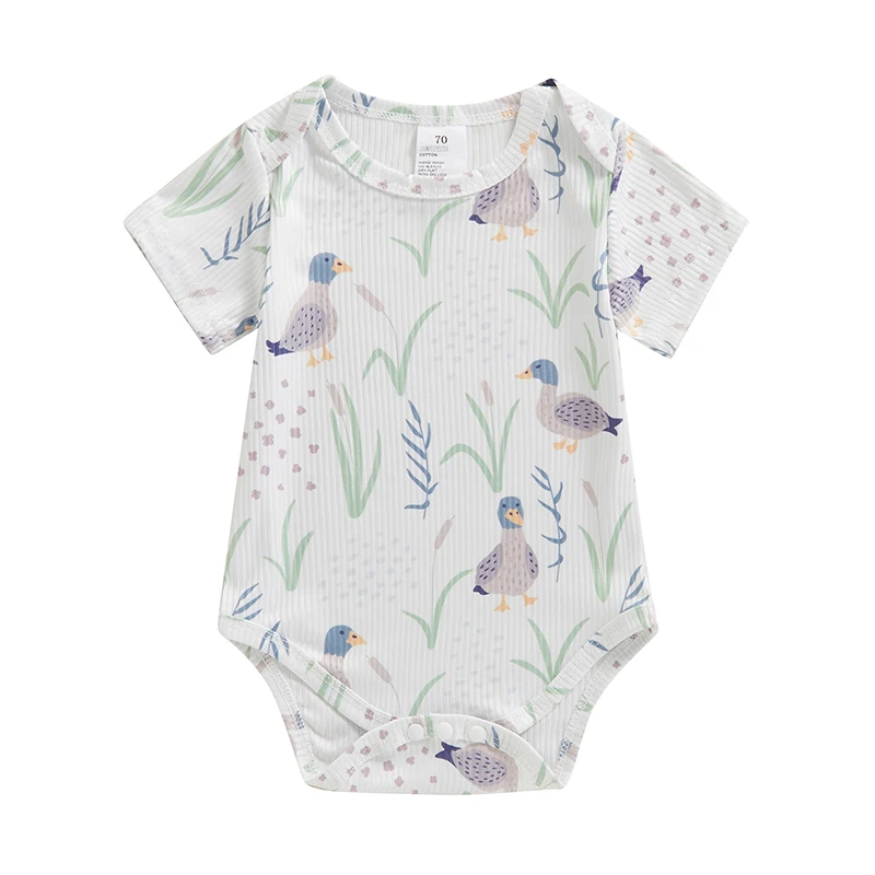 Baby Girls Summer Jumpsuit Casual Duck Floral Print Short Sleeve Newborn Romper for Toddler Cute Clothes