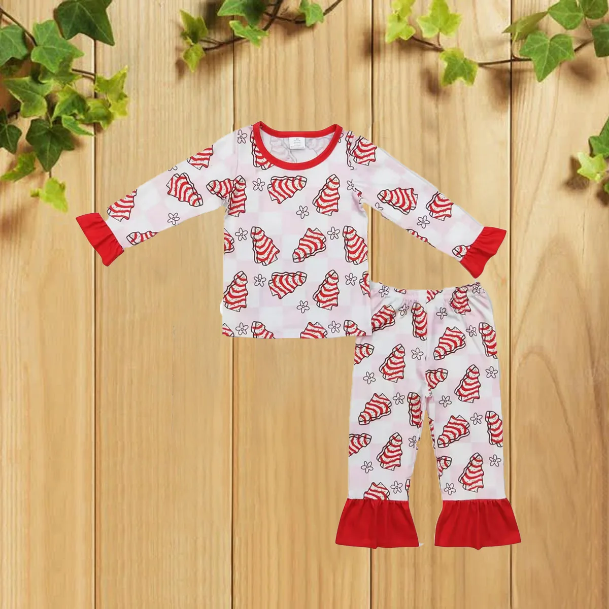 9.24 الخريف الأكثر مبيعا مشروط شجرة عيد الميلاد كوكي زهرة الوردي الأبيض منقوشة كم طويل السراويل الطويلة منامة