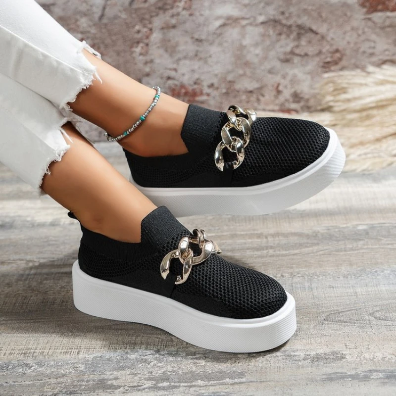 Women Flat Platform Loafers Metal Chain Slip on Round Toe Female New Autumn Casual Shoes Plus Size 36-43 Breathable Sports Shoes