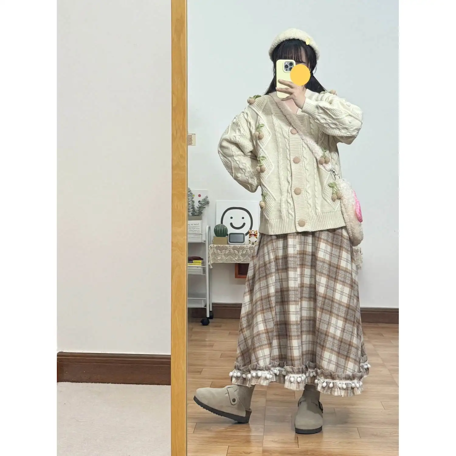 

Ретро-юбка миди в клетку с высокой талией, пушистая, шерстяная, осенне-зимняя, в студенческом стиле, А-силуэт