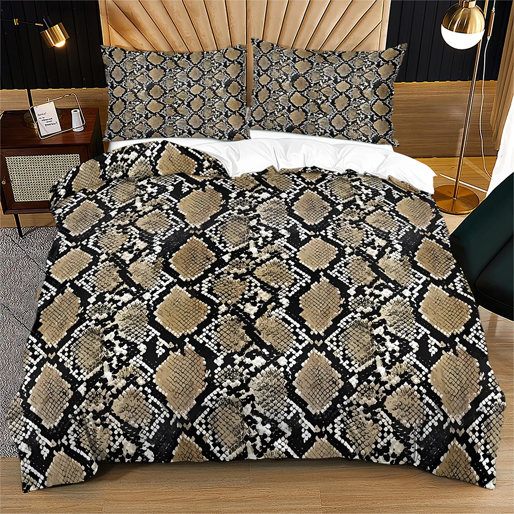 Snake Skin Print Duvet Cover Set Retro Brown Black Snake Scale Bedding Set Soft Wild Animal Texture Quilt Cover with Pillowcases