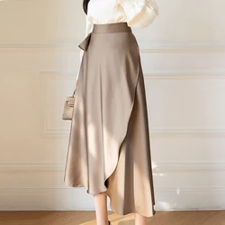 New Arrivals One Piece Asymmetric Women Summer Satin Skirt With Lace High Waist Casual Elegant Long Skirts Female
