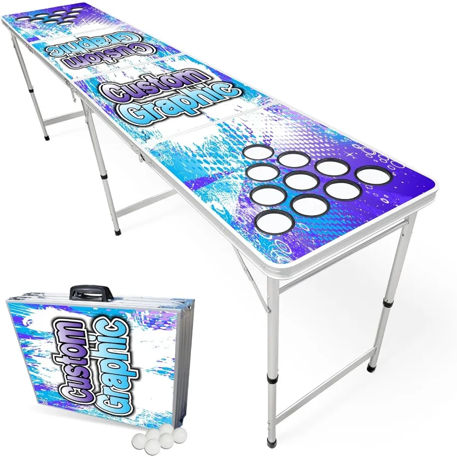 

8Foot Regulation Folding Beer Pong Table with Beer Pong Balls and Optional Cup Holes LED Lights for Home Entertainment Custom G