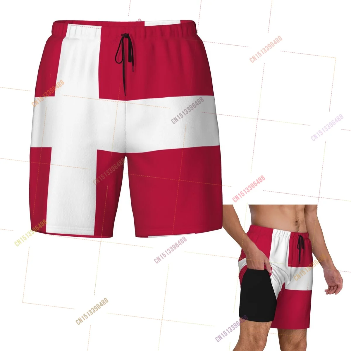 2026 Denmark Flag Top Print 3D Mens Swimming Trunks Hawaiian Bathing Beach 2 in 1 Quick-Dry Summer Swim Shorts With Pockets