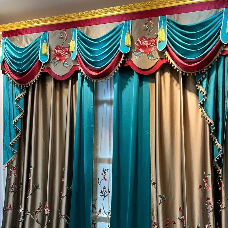 

Custom Size New Satin Imitation Silk Fabric Embroidered Window Screen Luxury Villa High-end Living Room Blackout Curtains