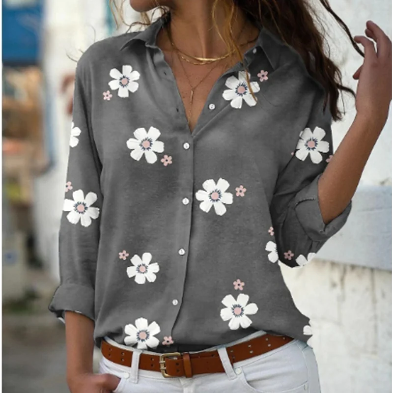 Women\'s Long Sleeved V Neck Button Tops Casual Printed Flowers T-Shirt Autumn Spring Blouse