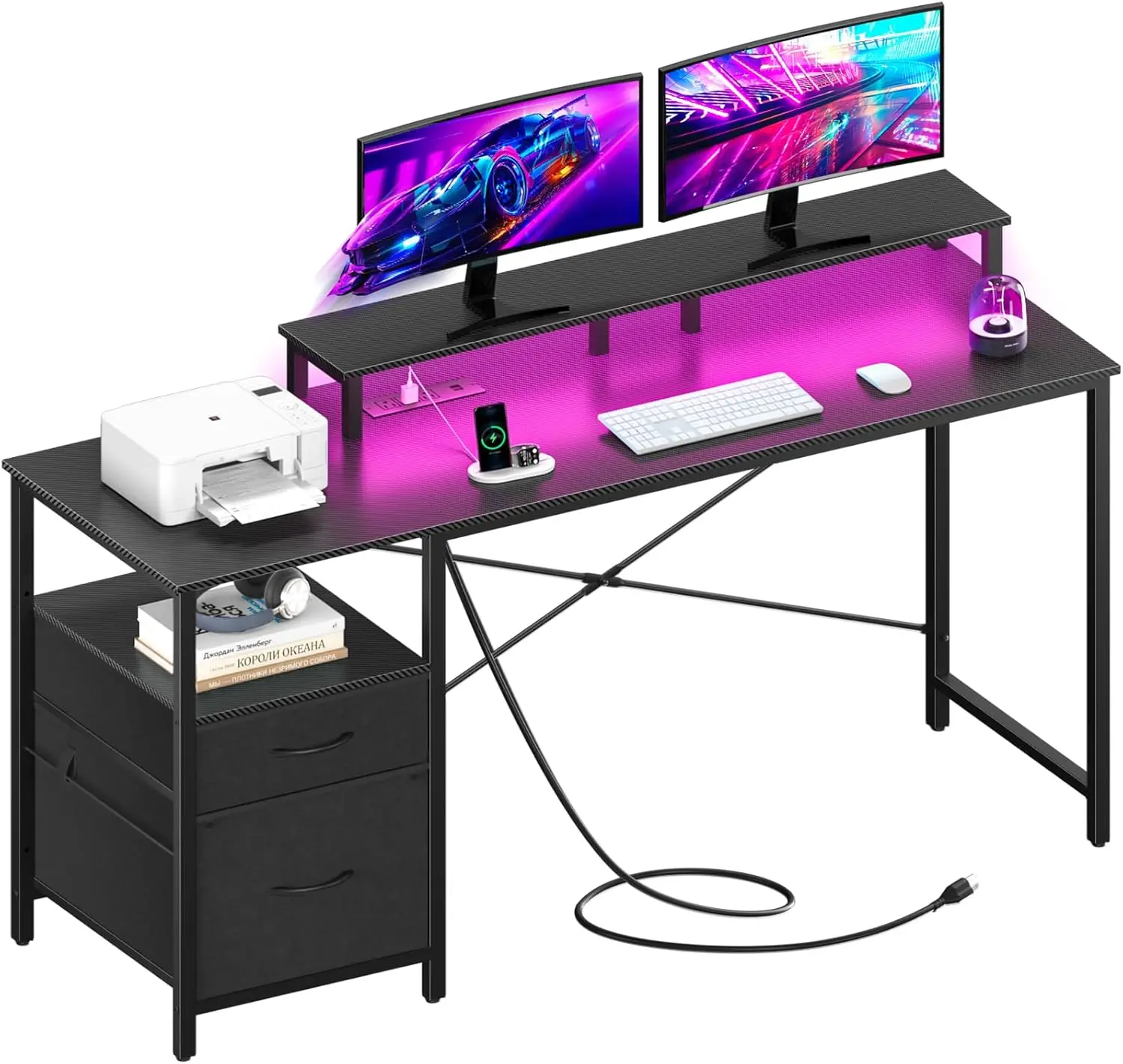 

Computer Desk with Drawers, 55.1" Gaming Desk with LED Lights & Power Outlets, Office Desk with File Cabinets, Gaming Table