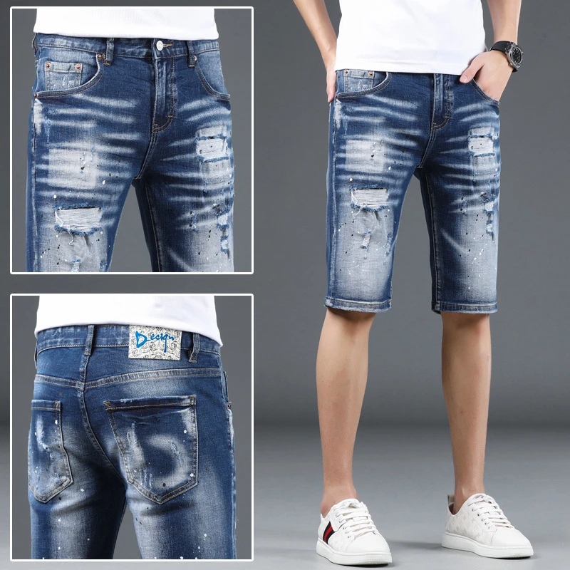 

EH·MD® Three Dog Embroidered Jean Shorts Men's Hole Splash Blue Medium Pants Scraped Thin Breathable Soft Elastic 2022 Summer