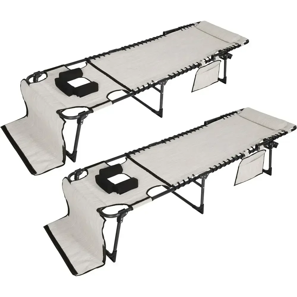 2-Pack Portable Outdoor Chaise Lounge Chairs with Cup Holder and Armrest, Cream White, Ideal for Tanning, Beach, Patio, and Pool