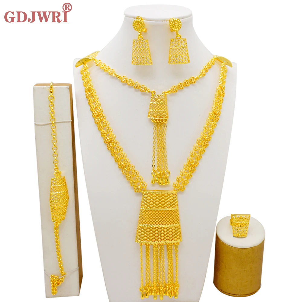 

Dubai Indian Long Chain Tassels Necklace Earrings Jewelry Sets For Women Wedding Ethiopian Gold Color Moroccan Jewellery Gift