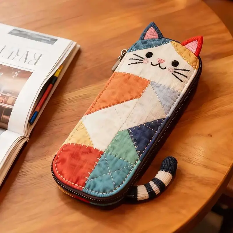 Cloth Cat Pencil Case Patchwork Japanese Style Cartoon Pen Bag Multifunctional Color Block Stationery Storage Bag Office