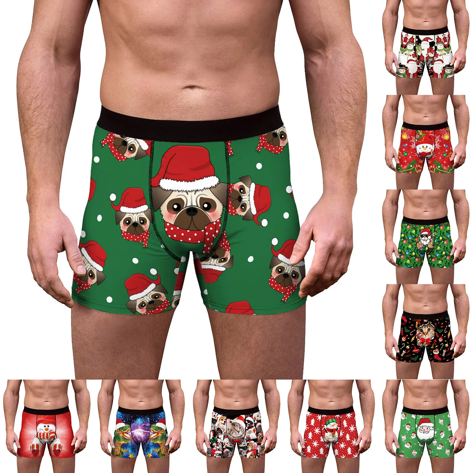 Mens Christmas Print Boxer Shorts Comfortable Mid Waist Boyshort Santa Snowman Cute Cat Underwear Briefs For Men Lingerie Xmas