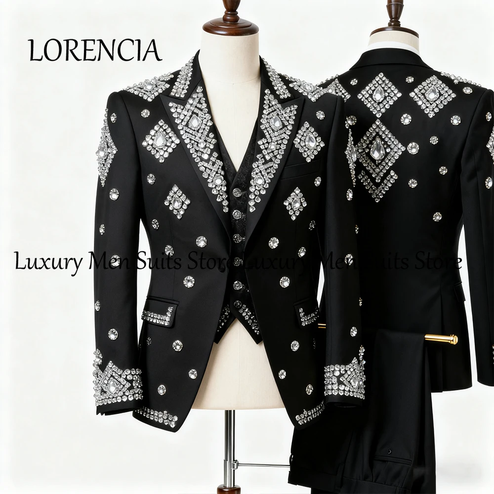 

Glitter Crystal Suits for Men 3 Pieces Diamond Tuxedos Set Wedding Party Outfits Customized Blazer Pants Vest roupas masculinas