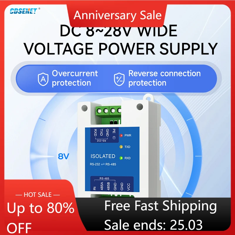 

RS232 to RS485 Converter CDSENET E810-Z01 Industrial Grade DC 8-28V Power Signal Isolation Lightning ESD Protection RS485 HUB