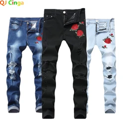 Jeans brodés pour hommes, pantalons pour hommes, pantalons pour hommes, décoration de trous, rose rouge, noir, bleu, blanc, 28-42, mode