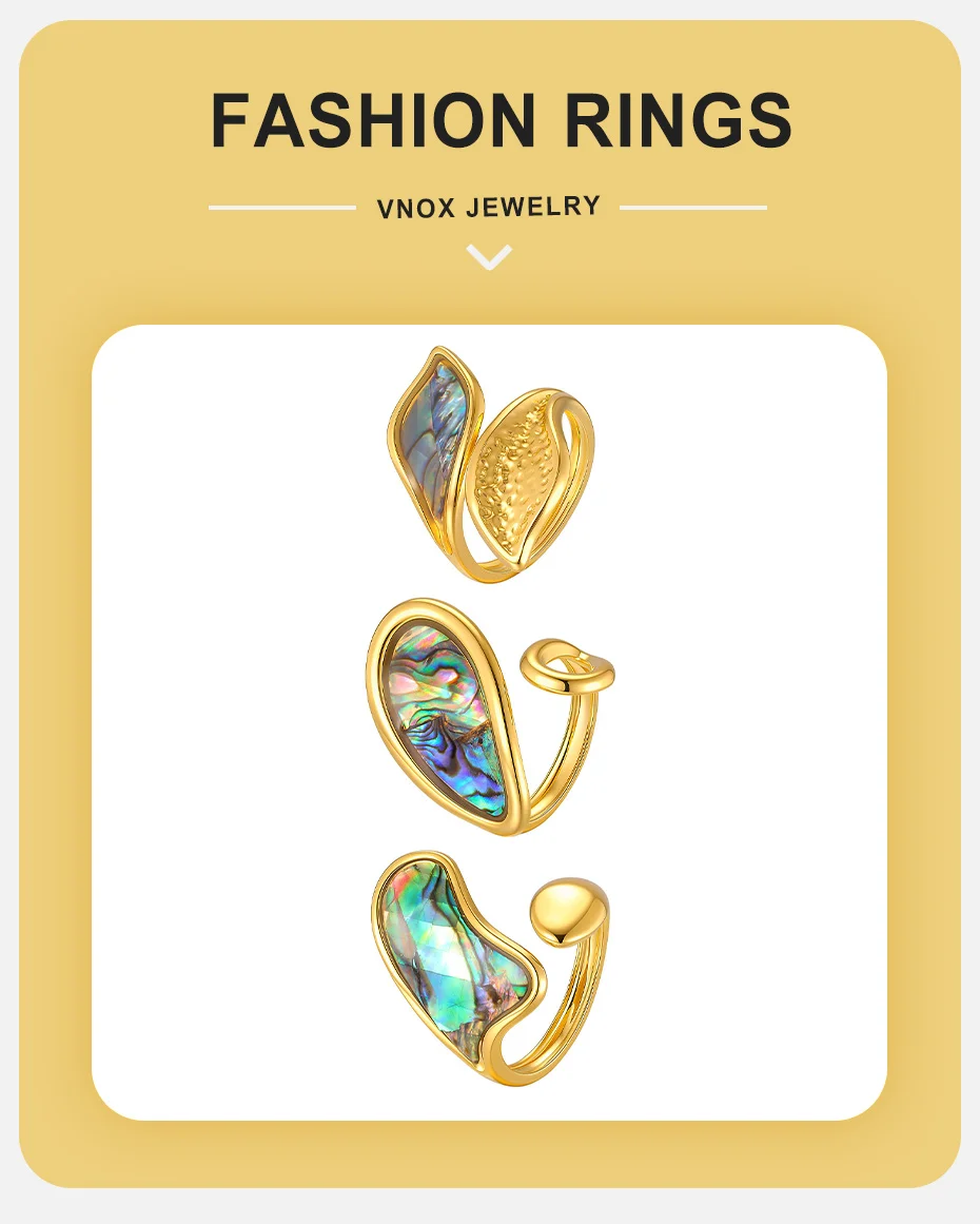 Vnox Mehrstiliger Unregelmäßiger Geometrischer Abalone-Muschel Offener Ring für Frauen, Goldfarben, Edelstahl, Boho-Strandschmuck – Detail 1