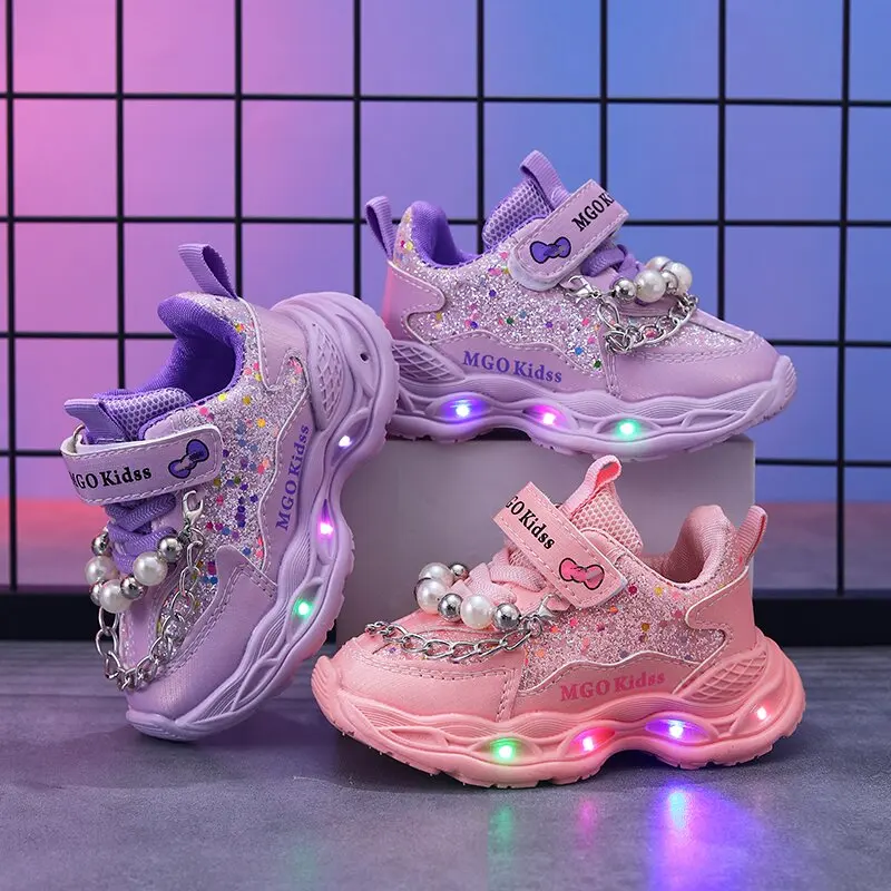 MGO Kidss Spring and Autumn New Imitation Pearl Shoes with Lights for Children and Girls Sports Shoes Comfortable Girls Princess