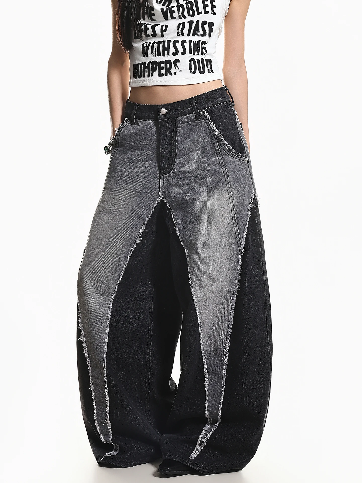 

XPKAEAX American Street Style Torn Denim Jeans Women's Summer New Wide Leg Pants Color Block Washed Jeans High Waist