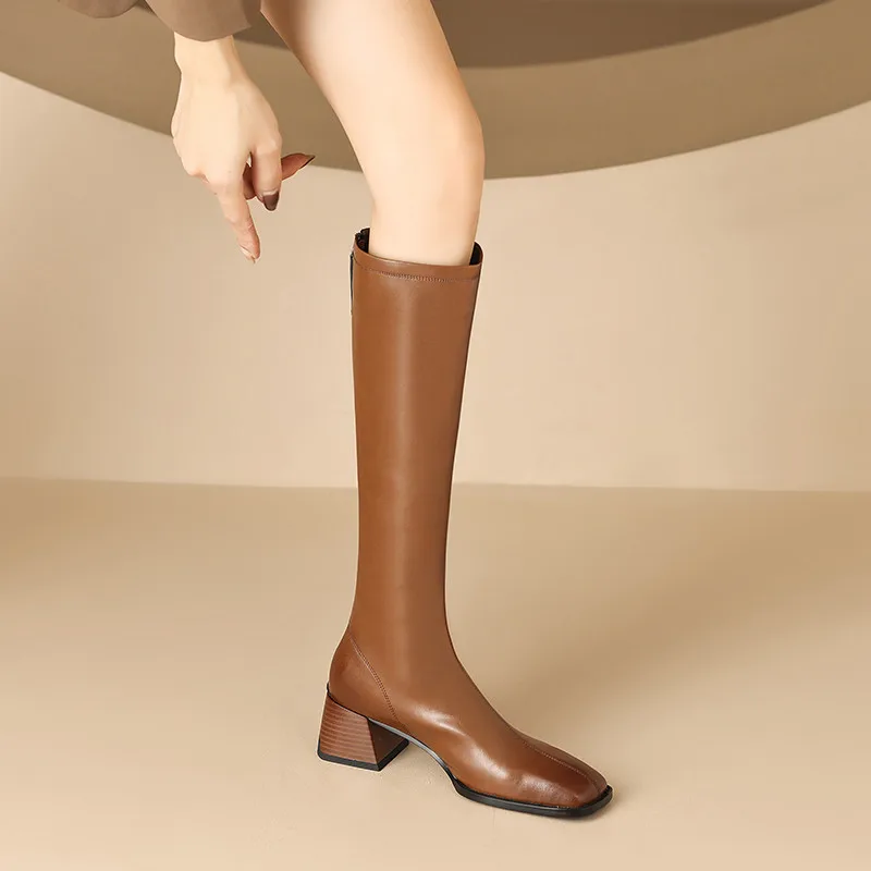 FEDONAS Fashion Concise Women Knee High Boots Autumn Winter Square Toe Thick Heels Slim Long Boots Genuine Leather Shoes Woman