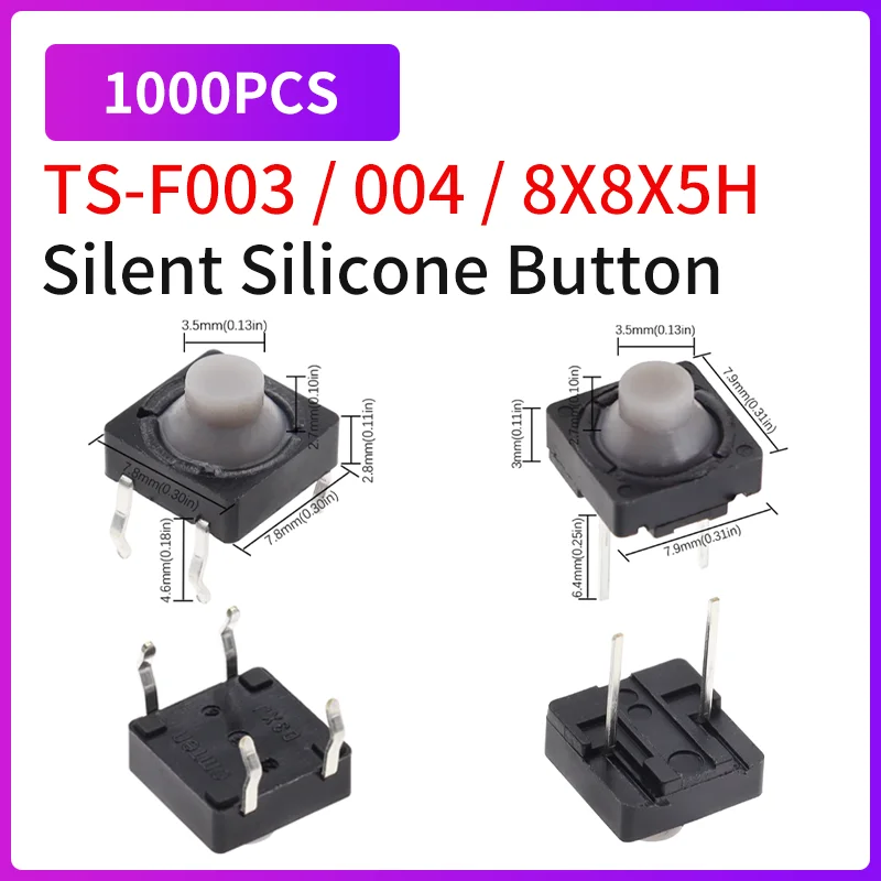 

TS-F003/004 2/4Pin 8x8x5 мм бесшумный силиконовый тактильный переключатель микрокнопочный переключатель для блоков питания PCB проектов