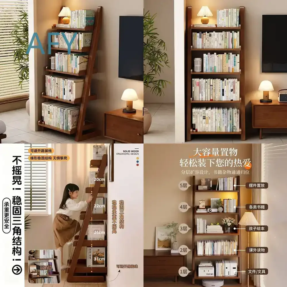 Solid Wood Shelf for Living Room Wall Mounted Ladder Bookshelf Multi Functional Storage Rack Minimalist Home Floor Standing