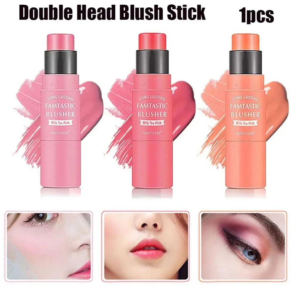 3 Kleuren Tweekoppige Blush Stick Met Borstel Gezicht Romige Perzik Make-Up Fleuren Blijvende Stok Rouge Blusher Waterdicht Q4o9