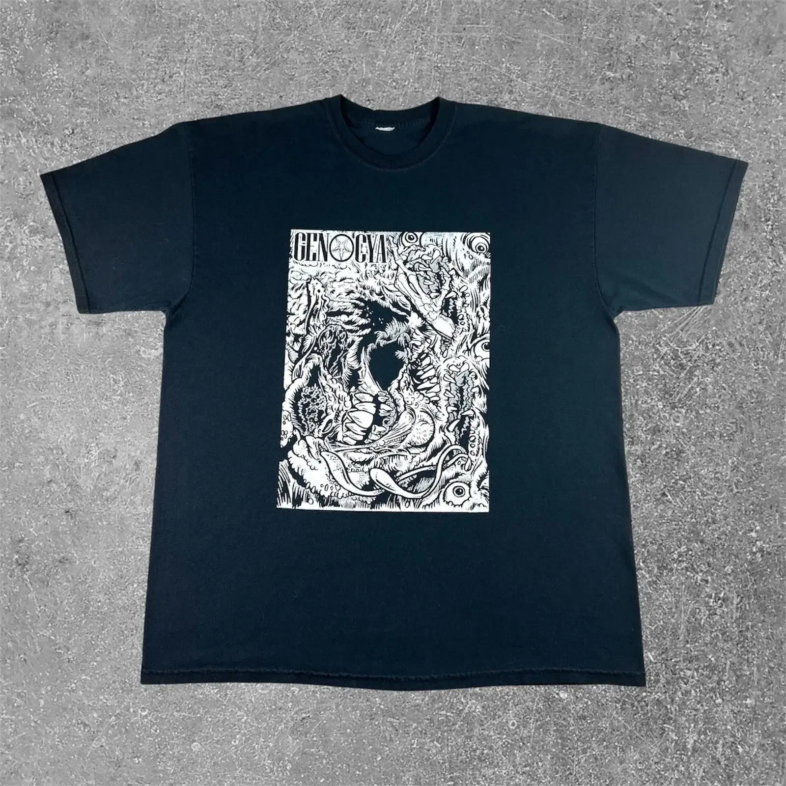Genocya Metal Band T Shirt Men's XL Living Life With No Regrets Goth Hardcore vintage Washed Top For Everyday Wear Stretched