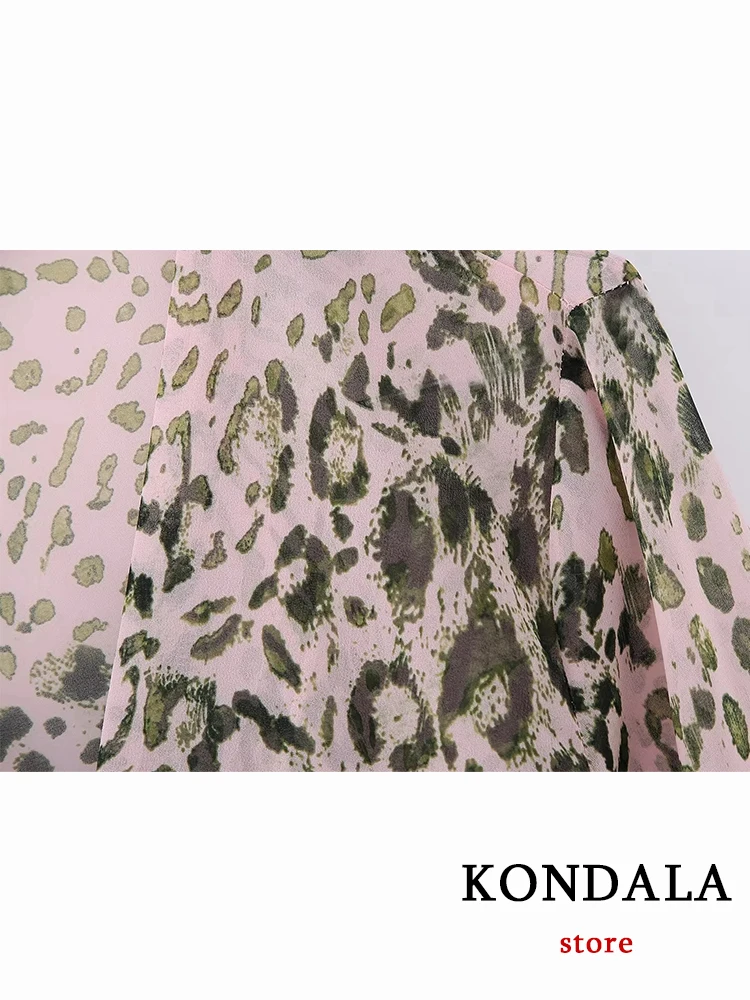 KONDALA Vintage Leopard Chic Women Holiday Suits Long Sleeve V Neck Lace Blouse Ruffles Mini Zip Skirt Fashion 2023 Summer Sets