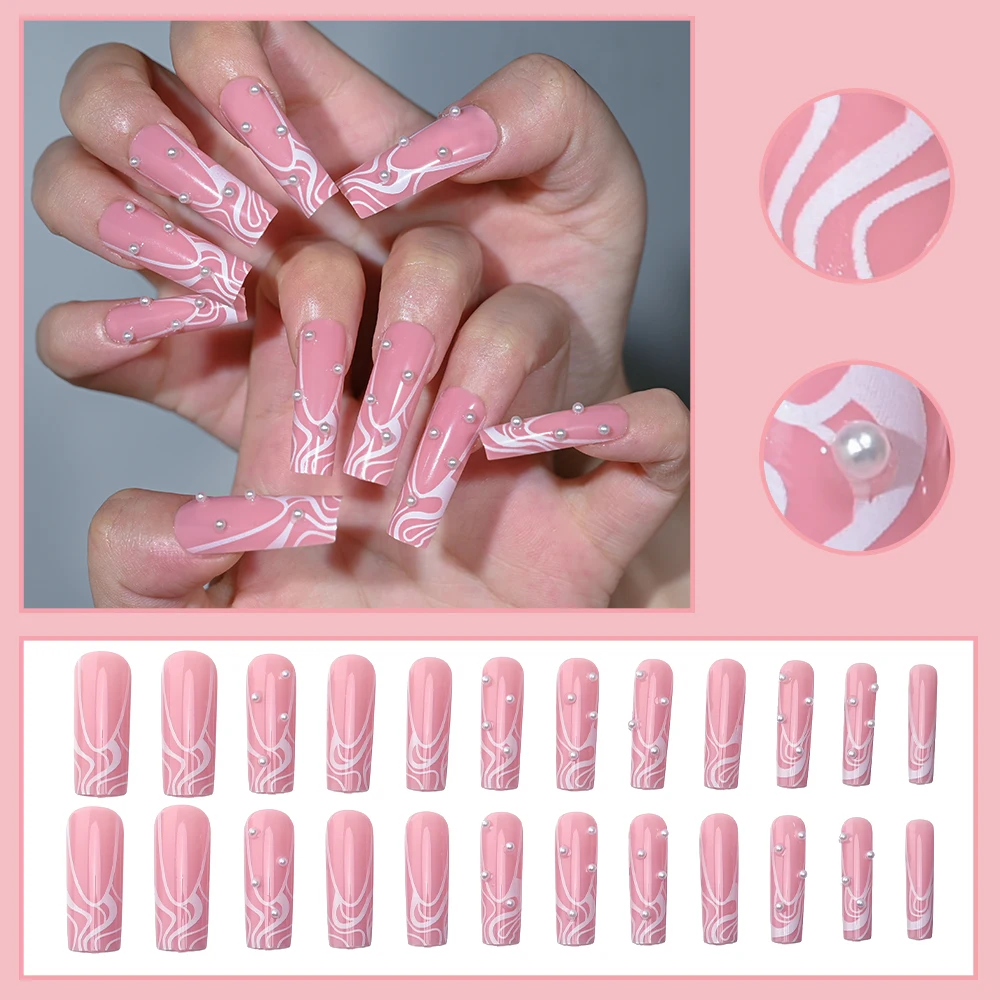 棺の形をした長い偽の爪,真珠のラインストーンが付いたピンクの弓,完全にカバーされた偽の爪,フランスのデザイン,24個