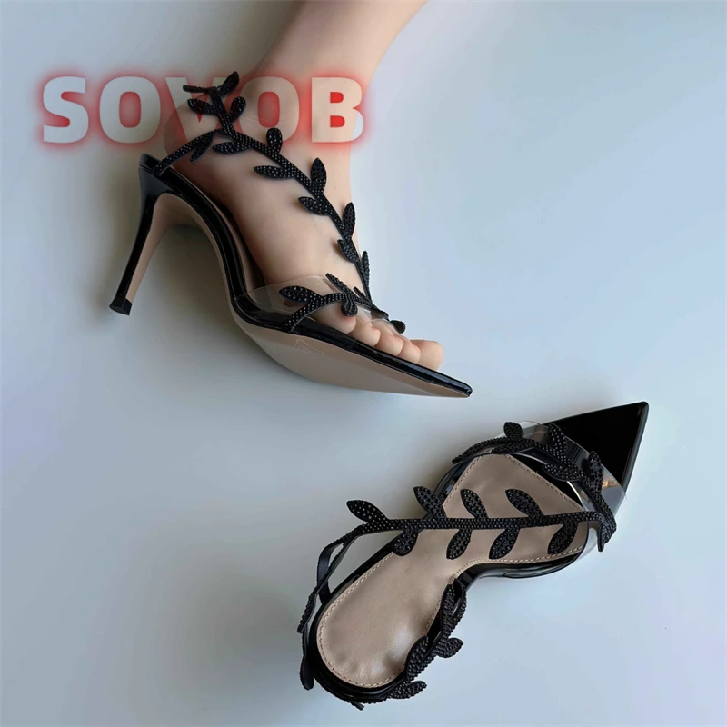 

Open-Toed Stiletto Sandals Pointed Open Toe Rhinestone Leaf Design Women's Sandals Fashionable High Heels Party Shoes 2025 Trend
