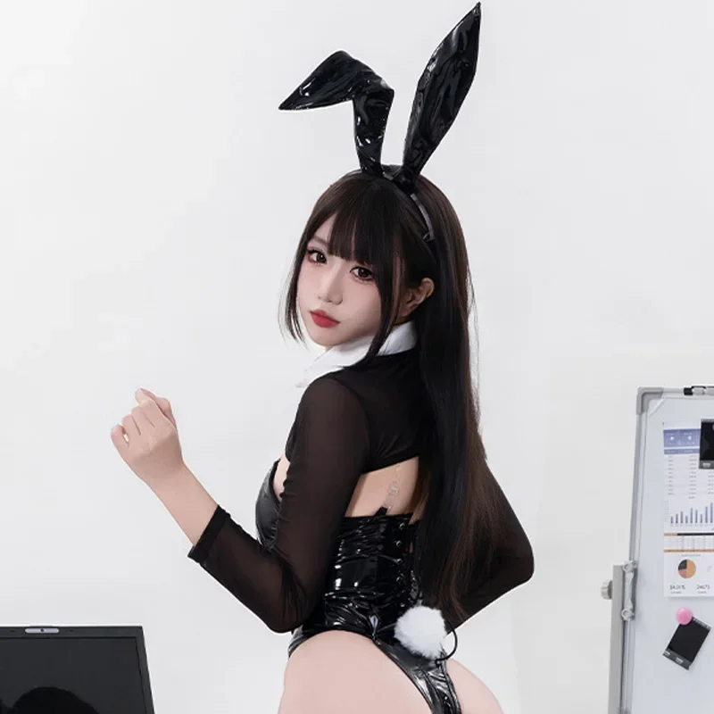 Anime Coffee Bar Bunny Girl Maid Uniform Women Sexy Maidservant Outfits Cosplay Costume Pu Leather Bodysuit Role Play Underwear view 4