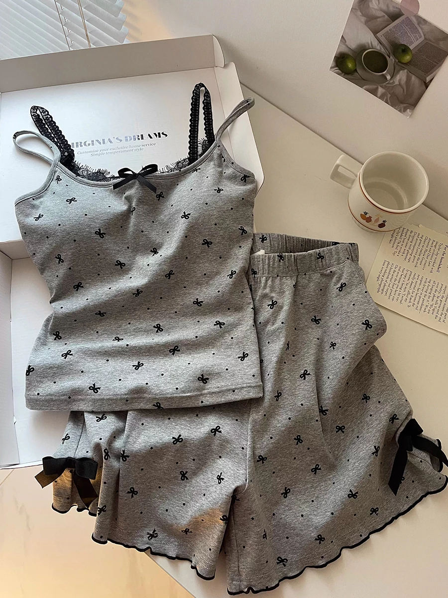 Słodka koszula nocna z koronkowym wykończeniem, damski letni zestaw ubrań domowych, materiał bawełniany, wzór z nadrukiem w kształcie litery V.