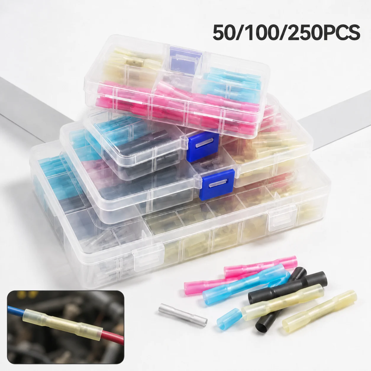 50-250PCS Heat Shrink Butt Wire Connectors Kit Insulated Electrical Cable Crimp Terminals Automotive Marine Wire Splice