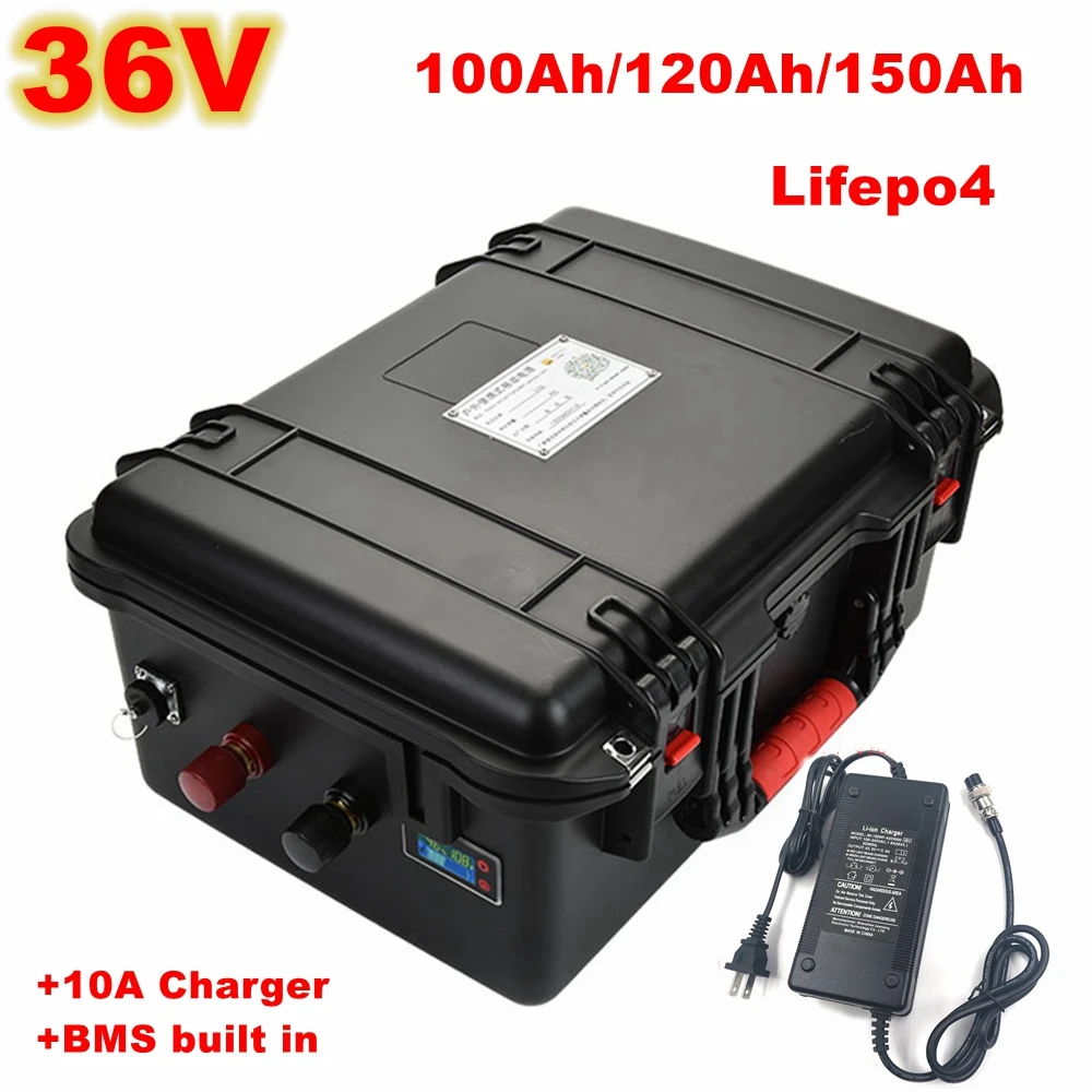 36V 150Ah 100Ah 120Ah LiFepo4 battery  BMS  fishing boats solar system motor EV RV +10A charger