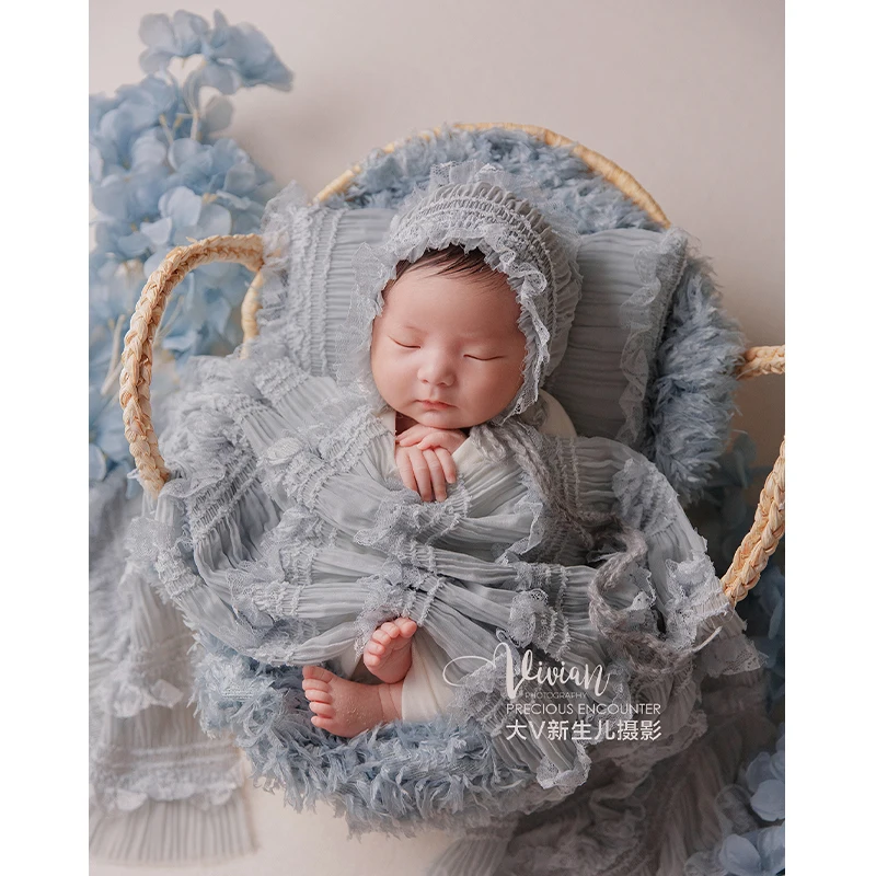 Newborn Photography Props Autumn Winter Baby Stretch Swaddle + Headpiece + Lace Three-Piece Set Photography Pose Basket Props