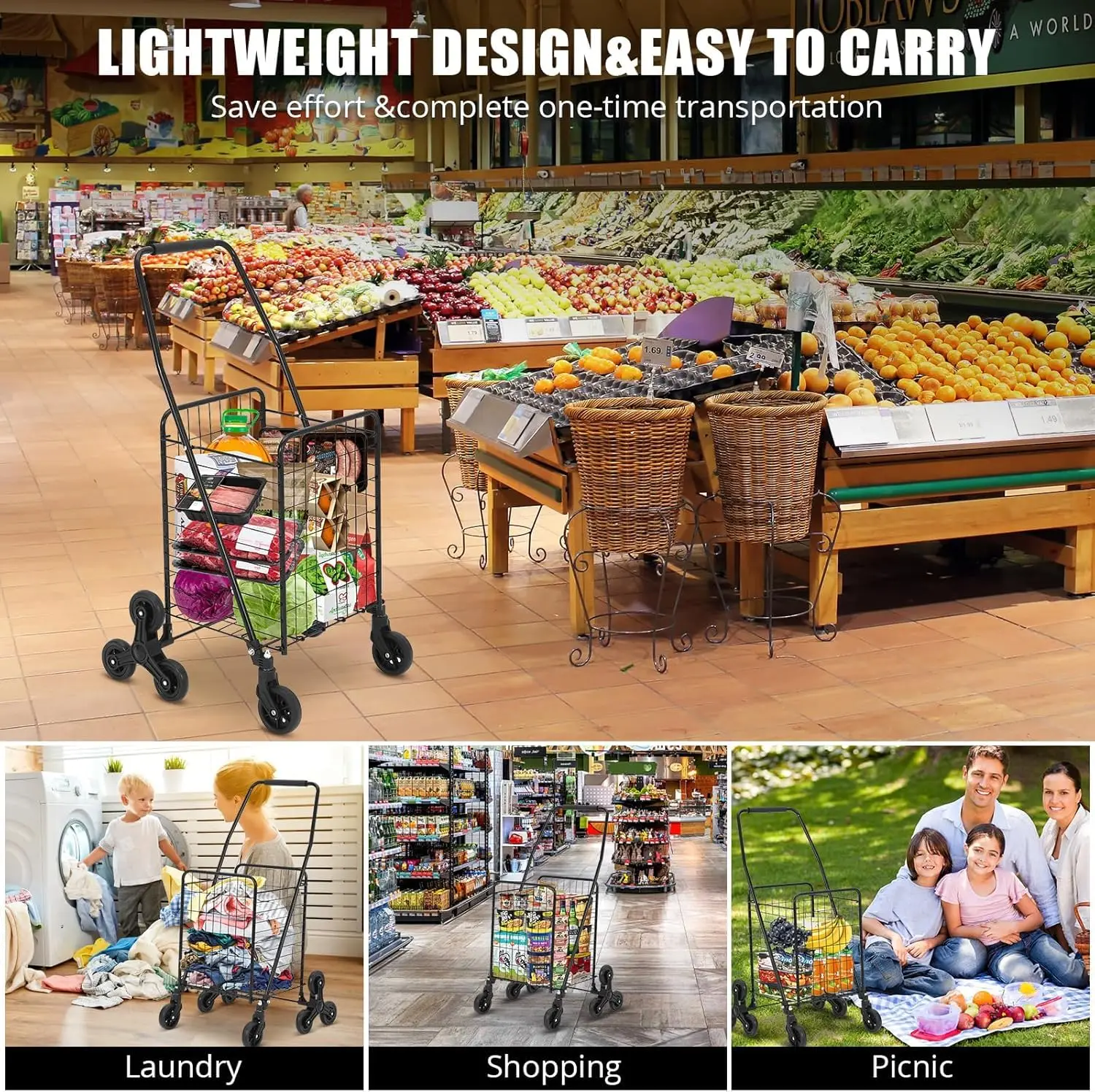 عربة تسوق قابلة للطي بسعة 110 رطل، عربة أدوات من سبائك الصلب مع عجلات تسلق الدرج، سلة كبيرة 22 جالونًا #3