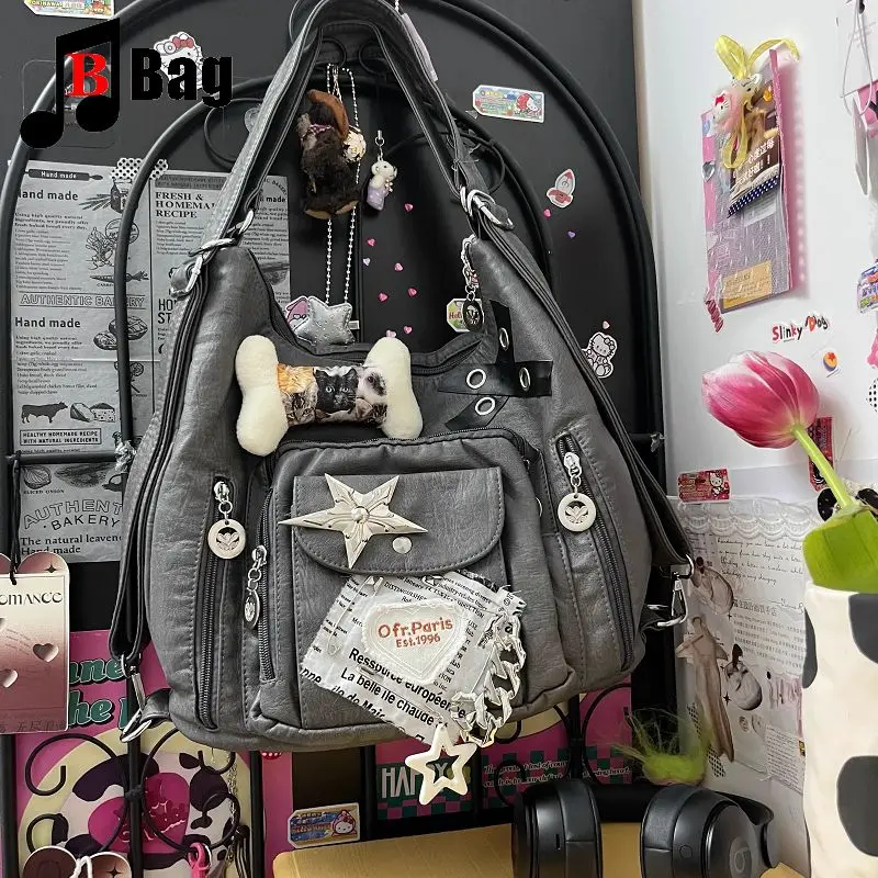 Y2K Gothic Women Lolita Spicy Girls Punk One Shoulder Handbags Harajuku Female Grade Grey Star Bone Soft Skin Underarm Bag Totes