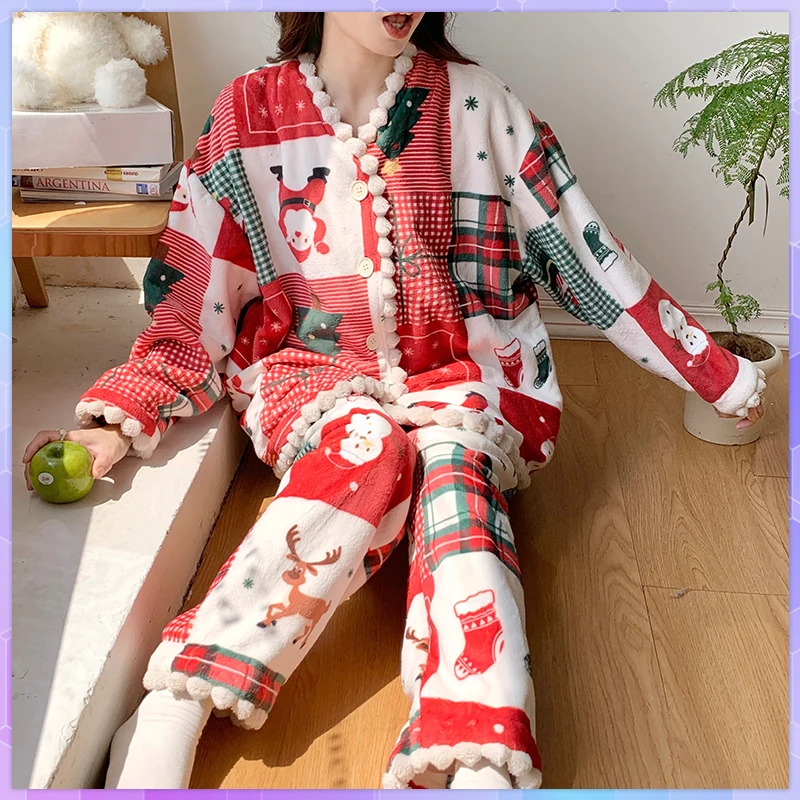 

2Pcs/Set Cute Thickened Warm Women's Pajamas Set Winter Flannel Homewear Suit Pajamas With Pants Long Sleeve Sleepwear For Girl