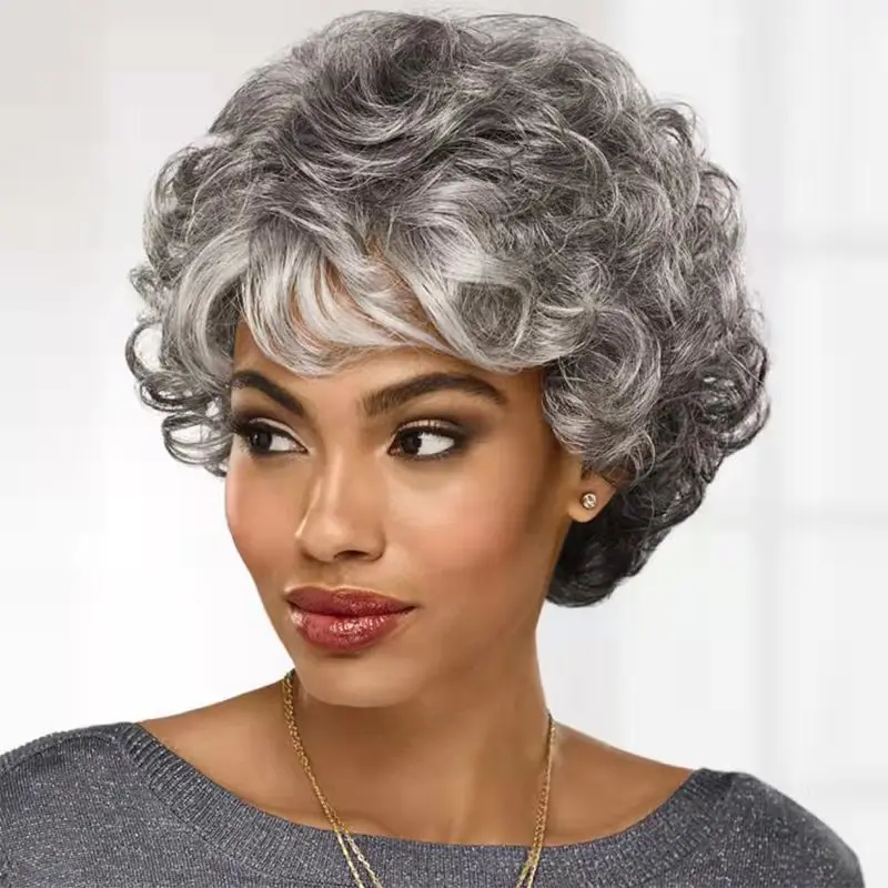 

Ladies Fashion Wig Women's Short Curly Hair Rose mesh Synthetic Fiber Headgear Wigs Wavy Hair Wigs(Silver Grey/Black)