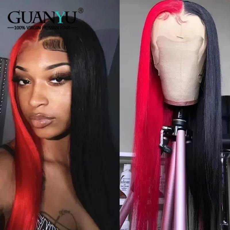 

Red With Black Human Hair 13x4 Lace Front Wigs Pre Plucked Ombre Red Colored Vietnamese Strihght 13X6 Lace Closure Wig for Women