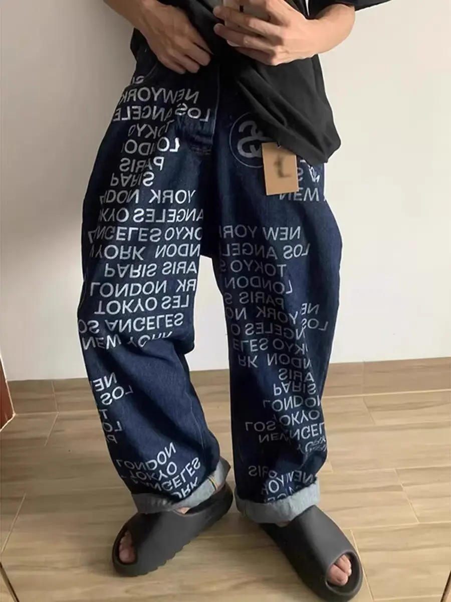Y2k gótico masculino jeans vintage padrão americano carta jeans streetwear harajuku hip hop moda masculina casual perna larga jeans