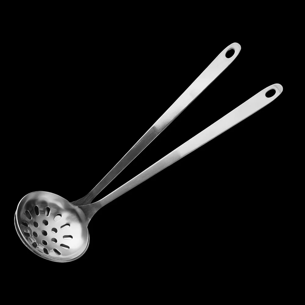 

Practical Stainless Steel Soup Spoon Deepened Flat Bottom Slotted Spoon Rust-proof Long Handle Serving Colander Porridge