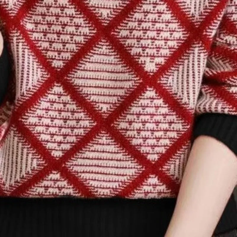 Autumn and Winter Women's Pullover Half High Collar Patchwork Geometric Loose Bottom Fashion Casual Elegant Long Sleeve Tops