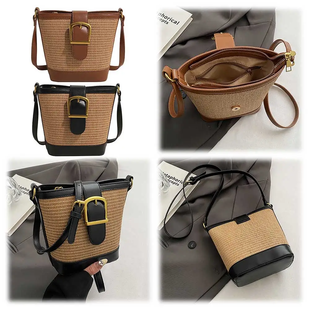 Women Weaving Satchel Bag PU Leather Daily Straw Bucket Bag Adjustable Strap Straw Crossbody Bag Female Woven Bag