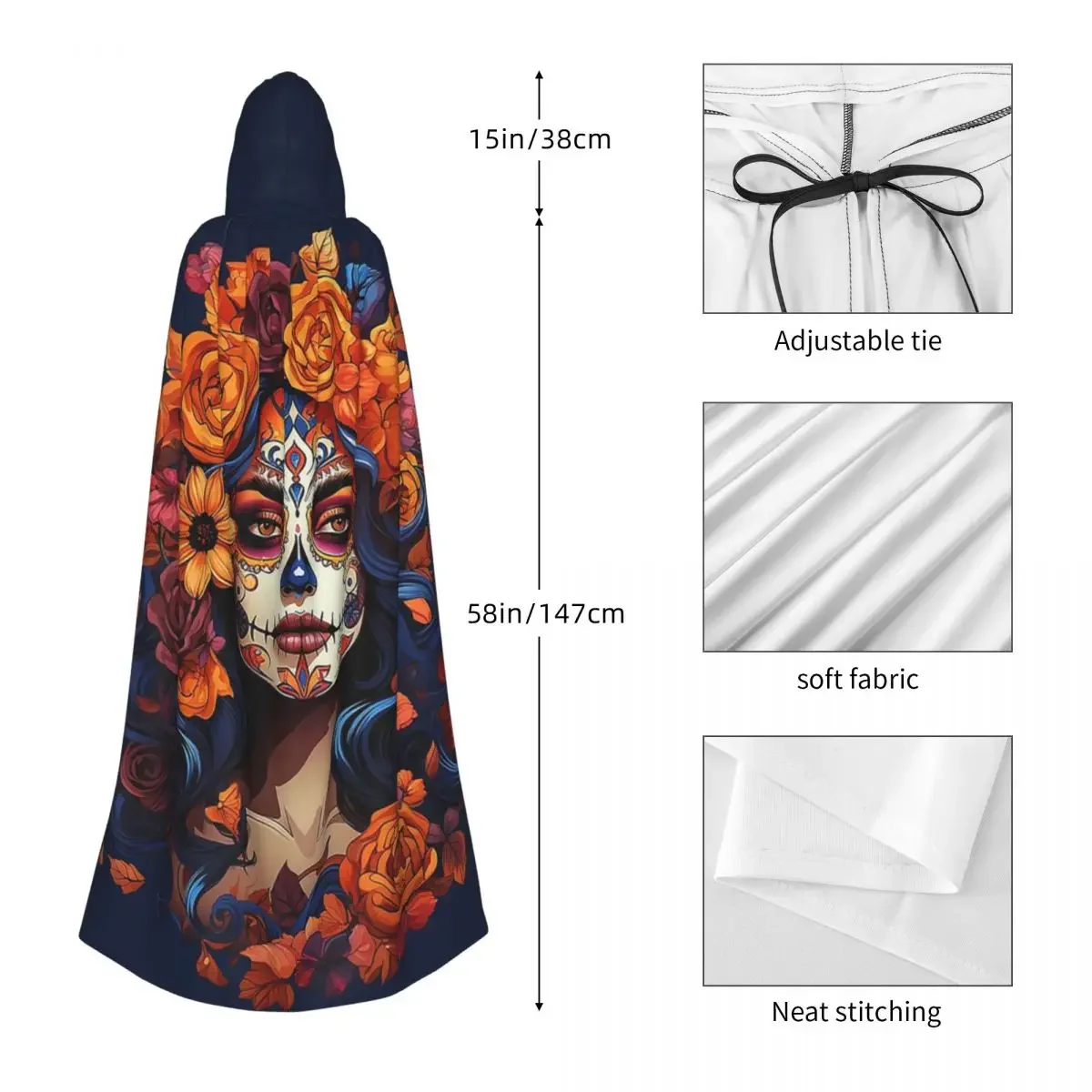 Custom Mexican Catrina Girl Day Of The Dead Long Hooded Cloak Witch Medieval Costume Cosplay Cape HalloweenVampire Adult Unisex