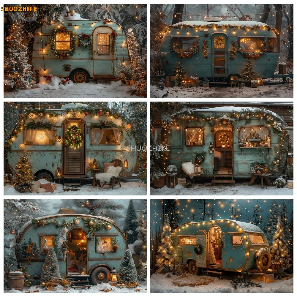 

Christmas Vintage Camping Car Photography Background Winter Forest Xmas Trees Kids Family Portrait Decor Backdrop Photo Studio